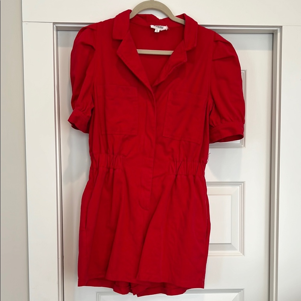 Red Corduroy Puff Sleve Romper